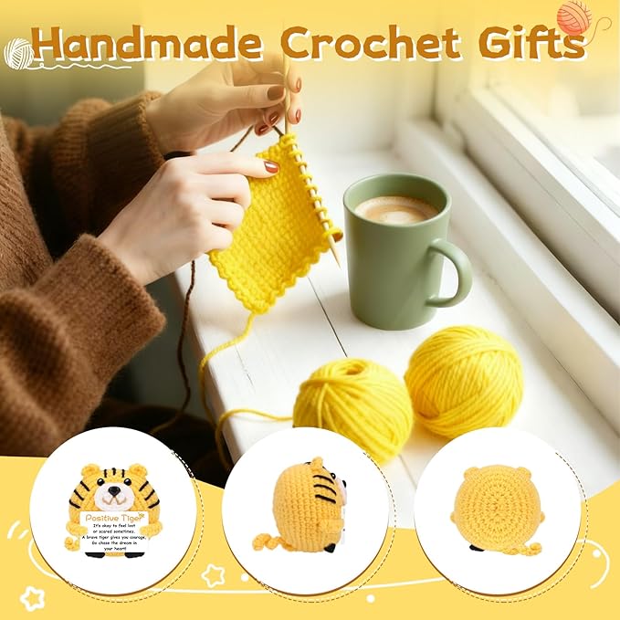 Positive Crochet Tiger Funny Valentine's Day Birthday Gifts for Women Men Coworkers Friend Daughter Dad Son Appreciation, White Elephant Small Xmas Stocking Stuffers Thanksgiving Emotional Cute Decor
