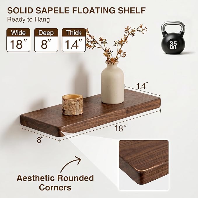 18 Inch Floating Shelves, Solid Wood Wall Shelves, 8 Inch Deep Floating Shelf – for Bathroom, Bedroom, Living Room, Kitchen, Home Decor & Storage, Heavy-Duty Wooden Shelf Wall-Mounted, Set of 2