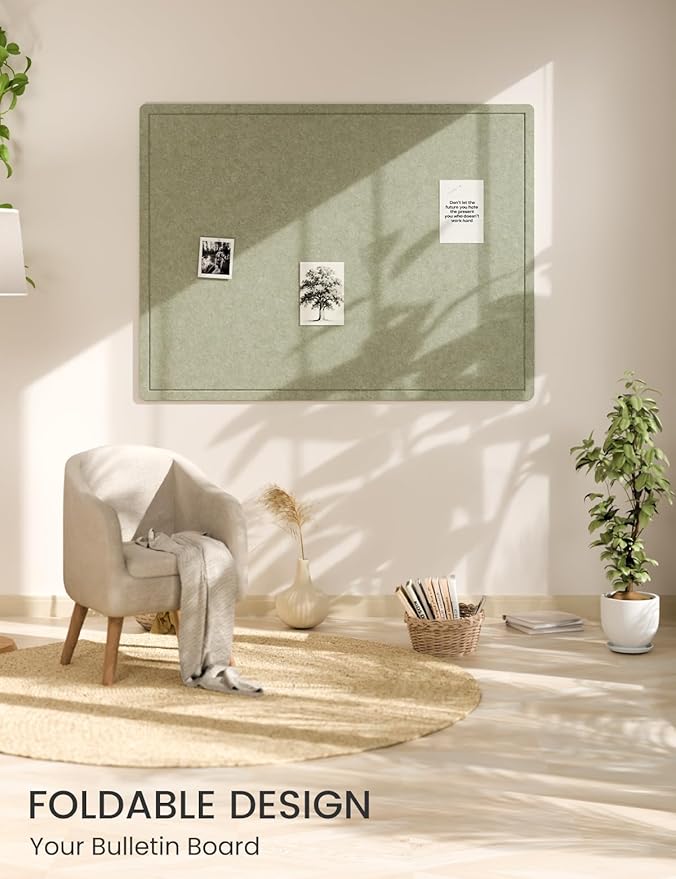 Fluxynara Large Bulletin Board, 47.2" x 35.4" Cork Board Alternative with 24 Safe Removable Adhesive Tabs, Foldable Felt Pin Board for Home Office, Classroom, Bedroom,Entryway for Walls—Sage