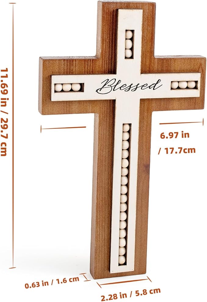 OKSQW Wall Wooden Cross Christians Cross Spiritual Religious Gifts With Hook on Hanging Wall Or Table With Blessed and Wood Bead for Church Home Room Decoration for Christmas