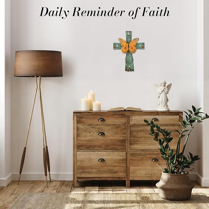 INHAI Handcrafted Christian Wall Cross 9x7,James 1:17 Verse on Wood with Antiqued Metal,Mother's Day Inspirational Home Decor Gift(Yellow)