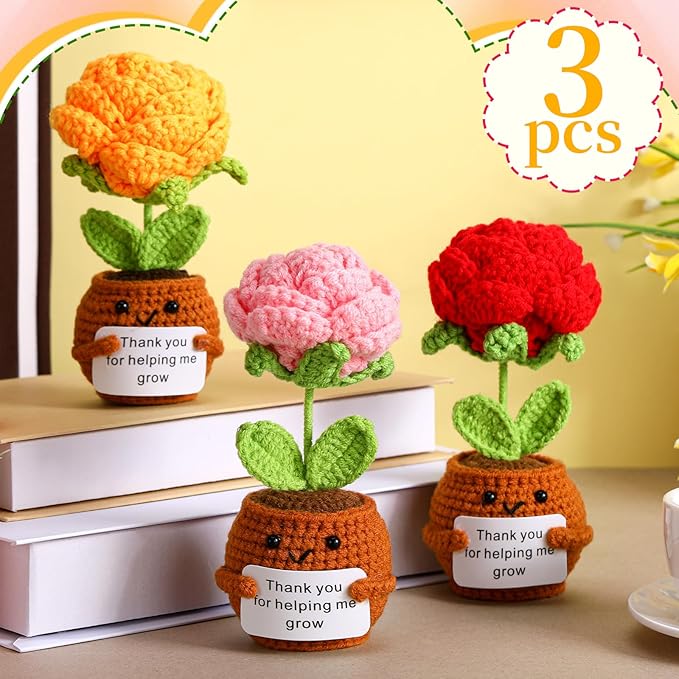 Wavwavw 3 Pack Teacher Appreciation Gift Positive Flower Handmade Crochet Doll Thank You for Helping Me Grow Gifts Back to School Gifts for Women Teacher(Rose Flower)