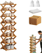 The 8-Tier No-Assembly Bamboo Rack, Bamboo Shoe Rack, Foldable Shoe Rack, Space Saving Collapsible Shelves for Entryway, Closet, Bathroom, Bamboo Shoe Rack, Foldable Shoe Rack (Wood, 8Tier)