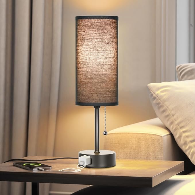 Dott Arts Table Lamp for Bedroom, 3-Color Bedside Lamps with Pull Chain, Bedroom Table Lamps for Nightstand,AC Outlet Small Lamp for Living Room, Bulb Included Black