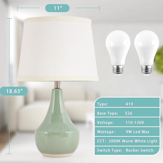 GyroVu 18" Table Lamp Set of 2, Ceramic Table Lamp Classic Beside Lamps Nightstand Lamp Modern Lamp for Living Room, Bedroom & Office Rocker Switch Sage Green-LED Bulbs Included
