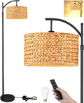 QIYIZM Floor Lamp for Living Room Bedroom Farmhouse Arc Rattan Boho Standing Lamp with Remote Dimmable Black Wicker Bamboo Lamp Shade Floor Light Adjustable Tall Lamp Industrial Floor Lamps Bohemian