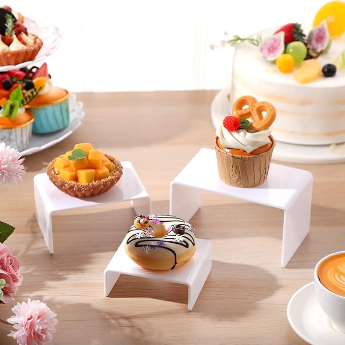 Chuangdi 2 Sets Acrylic Display Risers, Product Stand, Jewelry Display Riser Shelf Showcase Fixtures for Dessert Cupcake Candy Figure Treat Action Showcase(White,Small Set)