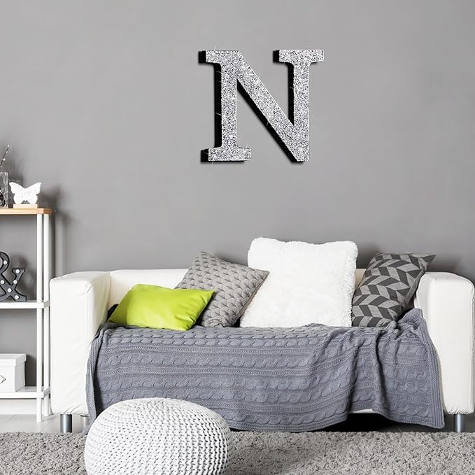 Qunclay 12'' Silver Crystal Diamond Bling Letters Crushed Diamond Decoration Wooden Glitter Letter with Screw and Hooks Rhinestone Gift for Wedding Y2k Mcbling Bedroom Wall Decor (Letter N)