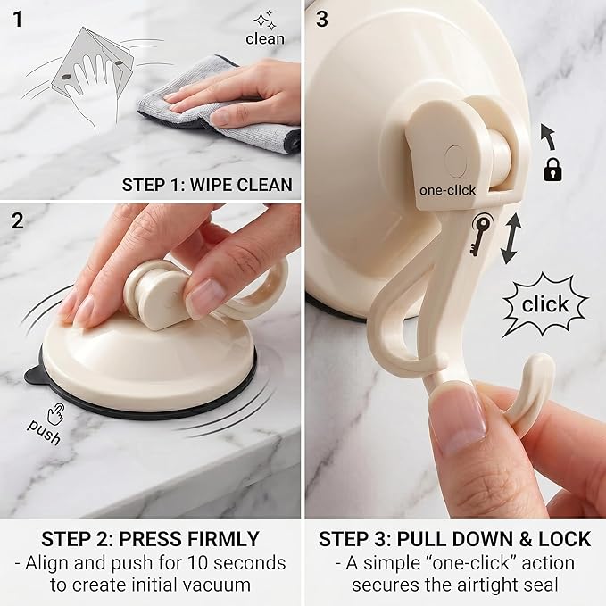 Powerful Suction Cup Hooks, 2-Pack Vacuum Wreath Hanger for Glass Door & Window, 20 lbs Large Waterproof Towel Hooks for Bathroom Shower, Removable No-Drill Utility Hooks, Cream