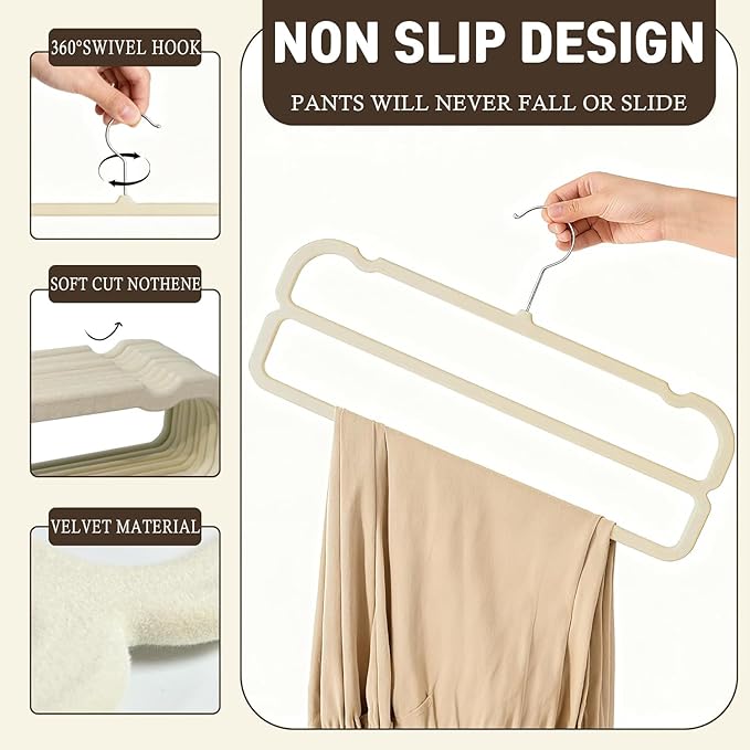 VSV stoage Velvet Pants Hangers with Double Non Slip Bar - Multiple Velvet Hangers for Closet - Thin Space Saving Clothes Hanger - 360° Swivel Felt Trouser Hanger Perchas Terciopelo 10 Pack (Beige)