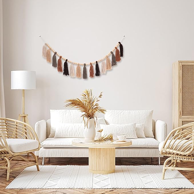 Boho Tassel Garland Western Decor Terracotta Tassel Wood Bead for Birthday, Party Home Nursery Decorations