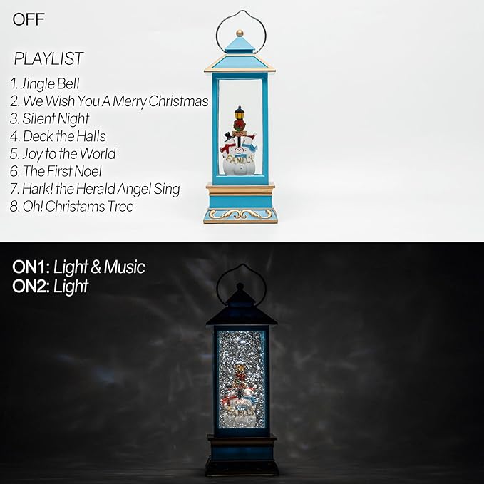 12" Christmas Snow Globe Lantern with Snowman - Water Swirling Glitter LED Light Lantern with Music - Vintage Xmas Gifts - USB Plug or Battery Operated Home Decor (Snowman family)