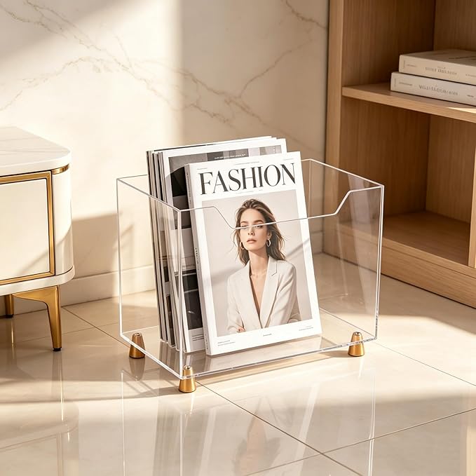Acrylic Magazine Holder, Crystal Clear Magazine Rack Floor with Metal Feet, Files Newspapers Book Organizer for Bathroom, Living Room, Home Office