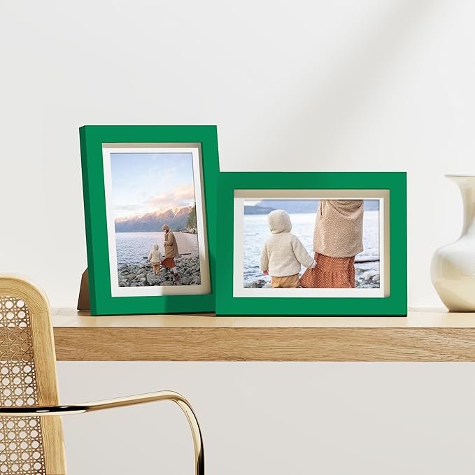 Vittanly 5x7 Picture Frames Set of 9, Shatter Resistant Plexiglass, Display 4x6 Pictures with Mat or 5x7 without Mat, Photo Frames for Wall or Tabletop, Engineered Wood, Green