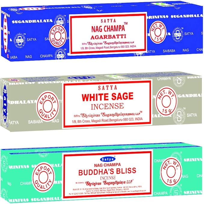 Satya Relaxation Mix Incense Sticks 3-Pack Assortment | Slow-Burning, Long-Lasting Nag Champa, White Sage & Buddha's Bliss (15g Each)