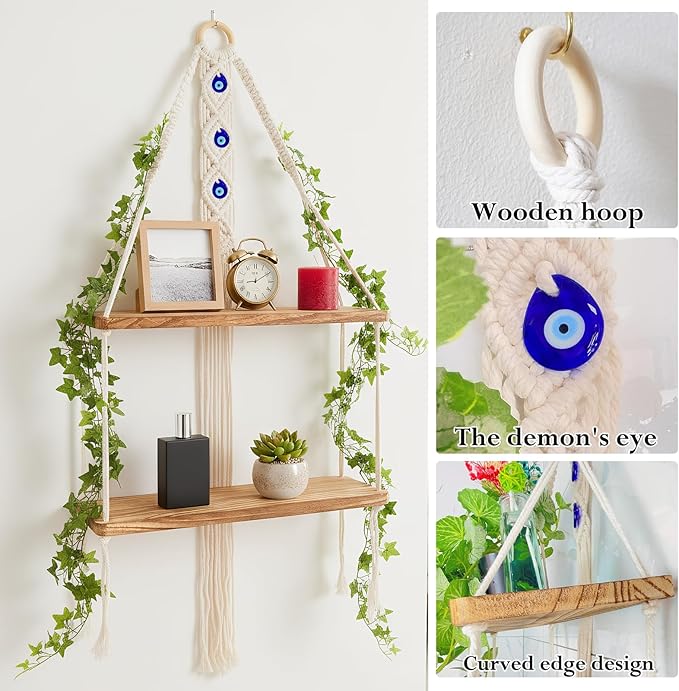 Macrame Hanging Shelf Boho Wall Decor - 2 Tier Handmade Cotton Rope & Rustic Wood Floating Shelves with Evil Eye Charms, Display Photos Plants, Bohemian Storage for Living Room, Bathroom