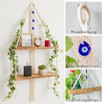 Macrame Hanging Shelf Boho Wall Decor - 2 Tier Handmade Cotton Rope & Rustic Wood Floating Shelves with Evil Eye Charms, Display Photos Plants, Bohemian Storage for Living Room, Bathroom