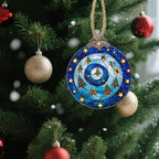DASTOLL Stained Glass Christmas Decorations, Blue and Gold Star Gift Box Suncatcher for Window Christmas Tree Hanging Ornaments Sun Catcher Xmas Decor Gifts for Women Men Mom Nana Friend