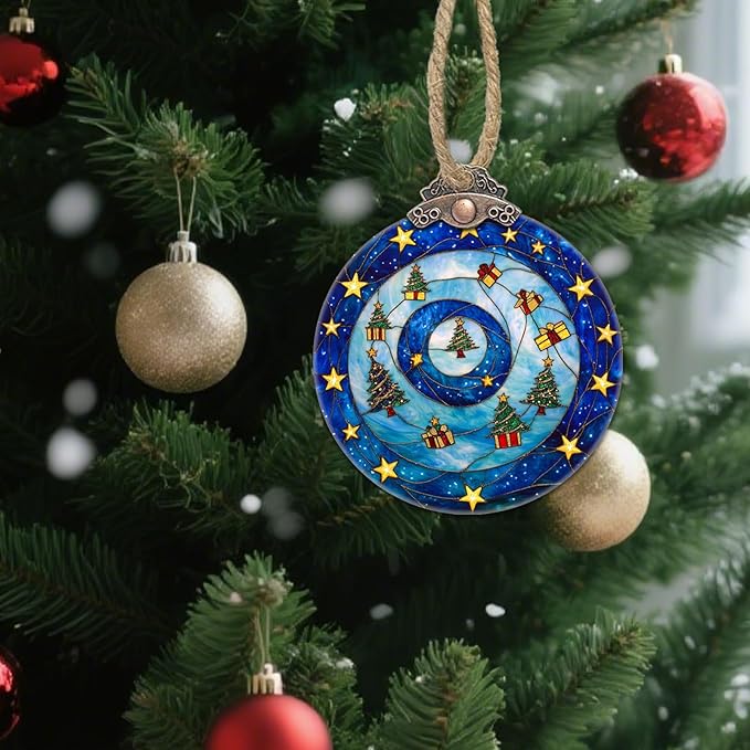 DASTOLL Stained Glass Christmas Decorations, Blue and Gold Star Gift Box Suncatcher for Window Christmas Tree Hanging Ornaments Sun Catcher Xmas Decor Gifts for Women Men Mom Nana Friend