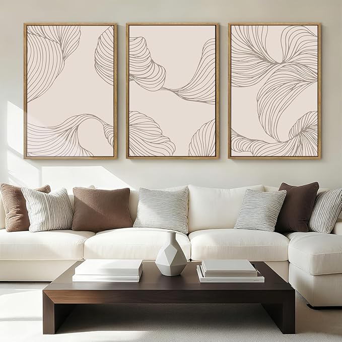 BINCUE Framed Neutral Beige Wall Art Modern Abstract Wall Decor Neutral Minimalist Artwork Modern Beige Wall Paintings Elegant Modern Art Prints for Living Room Bedroom Office 16x24 Inches Set of 3 Gift