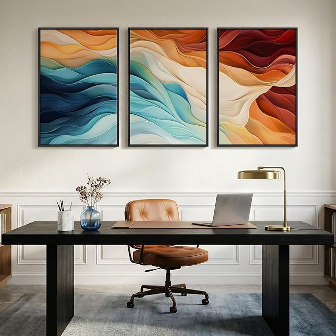 Large Framed Blue Orange Abstract Wall Art for Living Room, Set of 3 Modern Canvas Prints Paintings Artwork for Walls, Minimalist Colorful Bright Pictures for Dining Bedroom Hallway Wall Decor 24x36 In