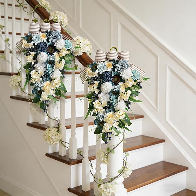 Idyllic 25 Inch Spring Blue Rose Door Hanging Artificial Floral Swag for Front Door Window Porch Stair Railing Spring Holiday Indoor Outdoor Home Decor