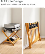 Fully Assembled Bamboo Luggage Racks, Foldable Suitcase Stand with 5 Nylon Straps, Luggage Stand with Shoe Shelf Ideal for Guest Room, Bedroom, Hotel, Honey Oak