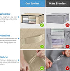 HomeHacks Storage 4-Pack Clothes Organizer Storage Bags Foldable Storage Box with Large Clear Window Sturdy Handles for Closet, Dorm, Pillows, Bedding, Clothes, Blankets, 35L, Beige