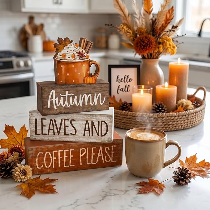 Lineshading 4 Pcs Fall Decorations for Home Wooden Hot Cocoa Coffee Block Sign Thanksgiving Tiered Tray Decor Thanksgiving Centerpiece Rustic Fall Table Decor for Autumn Harvest Party Home Kitchen
