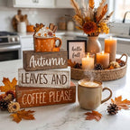 Lineshading 4 Pcs Fall Decorations for Home Wooden Hot Cocoa Coffee Block Sign Thanksgiving Tiered Tray Decor Thanksgiving Centerpiece Rustic Fall Table Decor for Autumn Harvest Party Home Kitchen