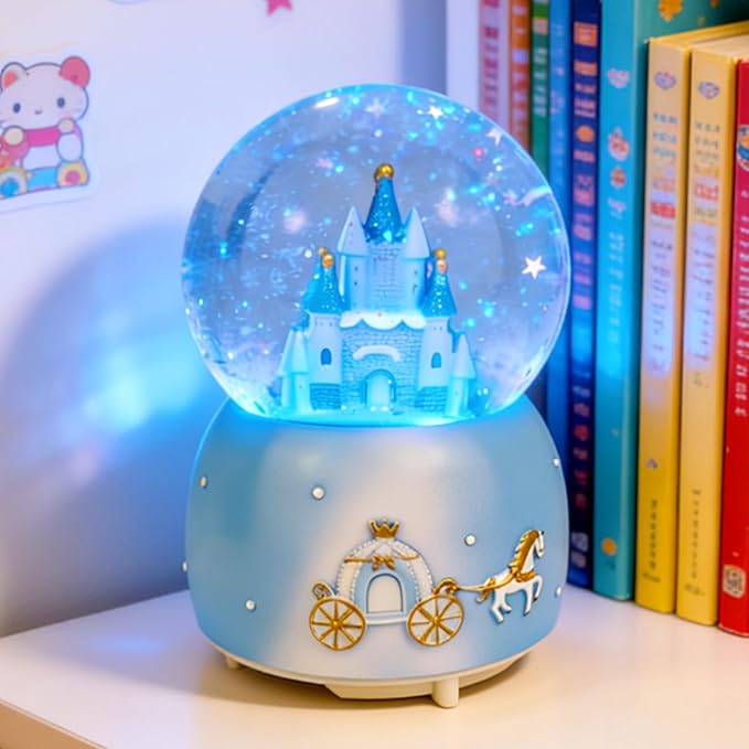 Blue Castle Snow Globes, Girls Music Snowglobes with LED 7 Colors Lights, Automatic Snow Fall Effect, Home Decor for Kids Room Essentials, Gifts for Birthday Christmas Valentines Mother's Day (Blue)