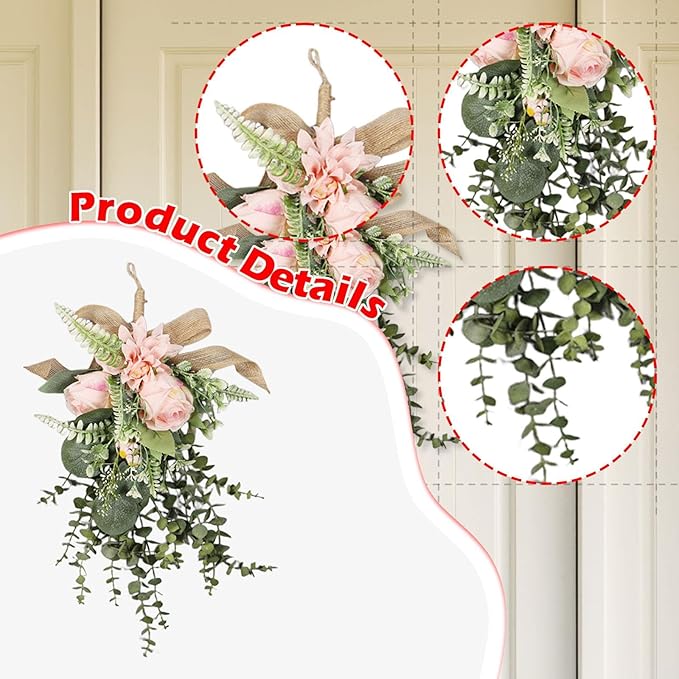 Qianly Artificial Floral Swag Garland Outdoor Indoor, Decorative, Flower Teardrop Wreath, Hanging for Office Holidays Festivals Wall, Pink