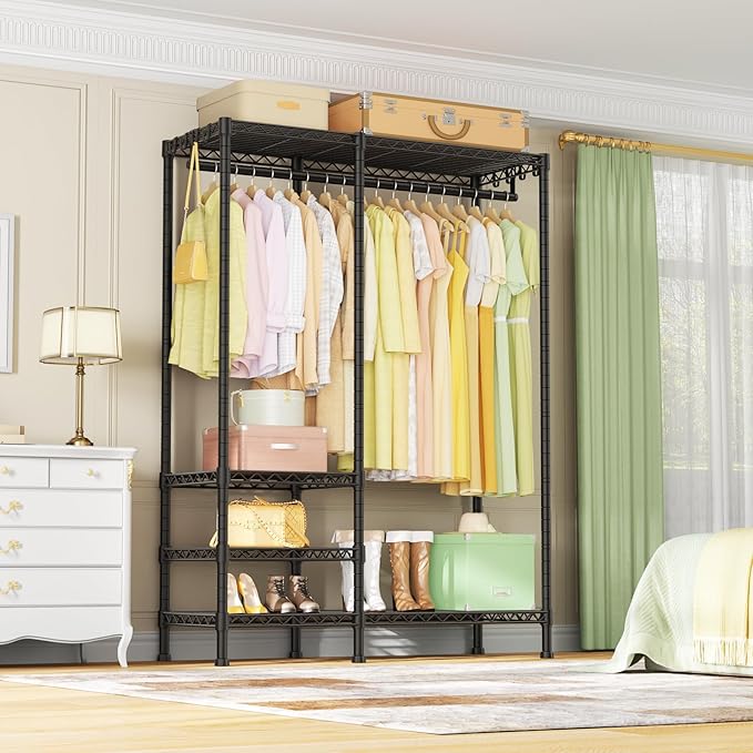 Ulif F4 Heavy Duty Clothes Rack (With Hanger Rod) Freestanding Clothing Racks for Hanging Clothes，Adjustable Closet Organizer System, Portable Garment Rack 45"W x 15.8"D x 71.3"H,Max Load 600LBS,Black