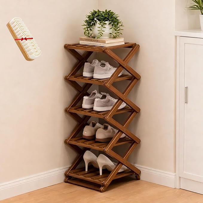 The 9-Tier No-Assembly Bamboo Rack, Folding Bamboo Shoe Rack Organizer with Collapsible Vertical Design, Space-Saving & No-Tool Assembly, for Entryways,Corners,Bedrooms,Balconies (Brown,5)