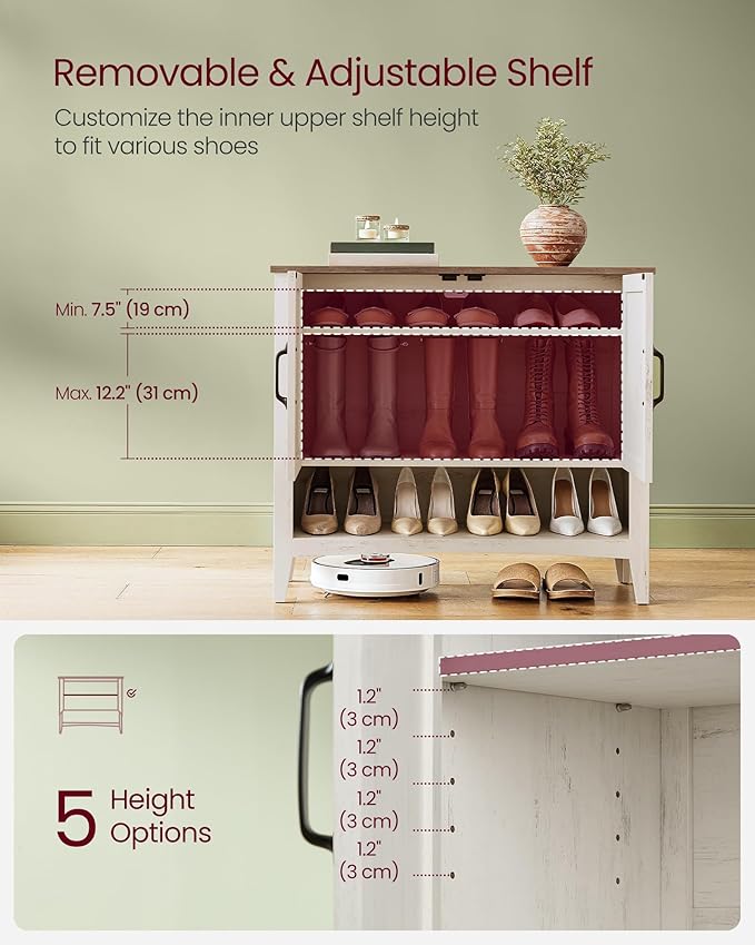 VASAGLE LIRY Collection - Shoe Cabinet, 3-Tier Storage Organizer, Shoe Shelf, Farmhouse Freestanding Cabinet, Height-Adjustable Shelf, 13.8 x 31.5 x 27.6 Inches, Rustic White ULBC038W01