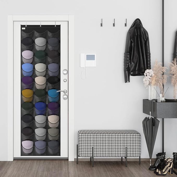 Unjumbly Baseball Hat Rack, 30 Pocket Over-The-Door Hat Organizer with Clear Deep Pockets to Display Baseball Caps Collection, Complete with 3 Over Door Hooks (Black, 30 Pockets)
