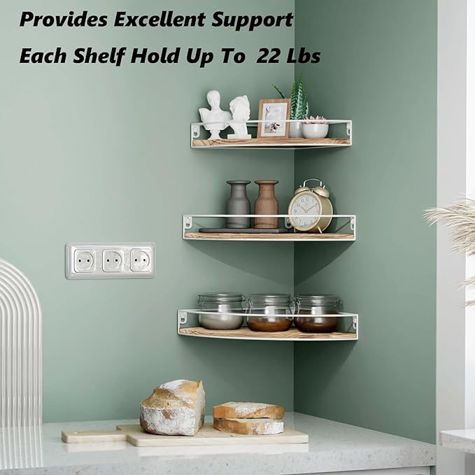 Corner Shelf Wall Mounted, Set of 3 Corner Floating Shelves with Cord Hole and Guardrail for Cable Box, Baby Monitor Pet Cameras, Speaker, Nursery Kitchen Living Room Bathroom, White
