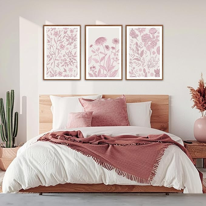 KAIRNE Floral Wall Art Set of 3,Framed Vintage Botanical Flower Canvas Prints,Pink and White Minimalist Wildflower Artwork,Modern Farmhouse Boho Decor for Living Room Bedroom Office Kitchen,16X24 inch