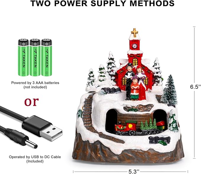 Animated Musical Christmas Village Choir Figurines Christmas Collectibles Statues Church Building & Carolers with Rotating Train LED Lights, Battery & USB Home Decor Gifts Festive Holiday Decorations