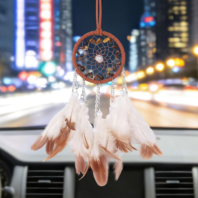 Pretty Jolly Crystal Stone Small Dream Catchers Brown Feathers Mini Dreamcatchers with Beads for Cars Rear View Mirror Hanging Decoration Good Luck Travel Charm Bedroom Ornaments for Women Girls