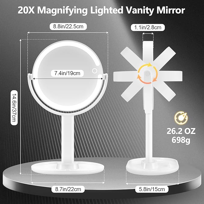 MIYADIVA Makeup Mirror with Lights,20X Magnifying Mirror with Light and Touch Switch,Vanity Mirror with 3 Color Light and 80 LEDs,2-Sided Lighted Magnified Mirror 8.8 Inches