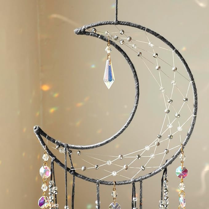 Artilady Dream Catchers with Crystals - Large Grey Boho Moon Dream Catcher Wall Decor House Decorations for Home Girls Kids Baby Bedroom Room Decor Christmas Birthday Teen Girl Boys Gifts