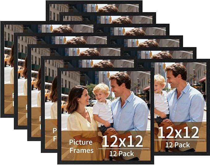 Lyeasw 12x12 Picture Frames Black 12 Pack,Square Matted Wood Grain Lightweight 12 x 12 Photo Frames for Wall Collage and Desk & Home Decor.