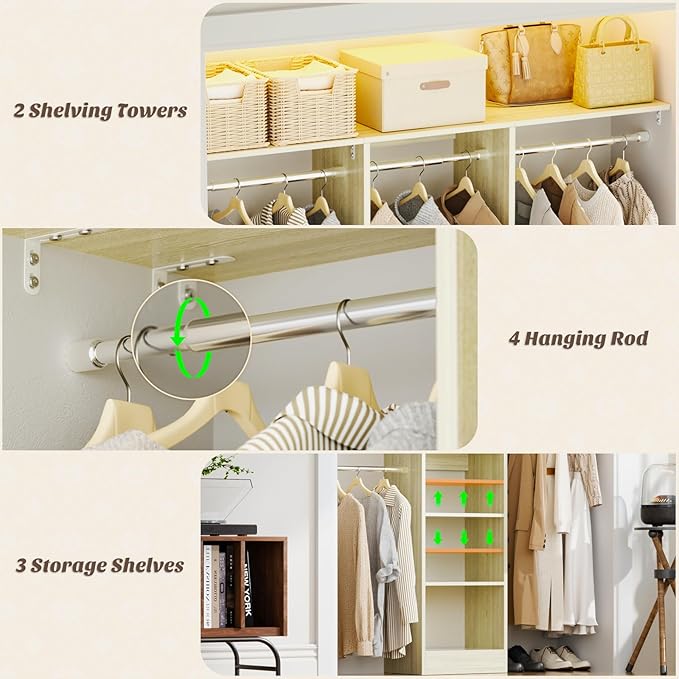 48" Closet Organizer System, 4FT Closet System for Small Closets with 4 Hanging Rods & 3 Shelves, 80"H Small Closet Organizers and Storage for Bedrooms, Cloakrooms, White Oak