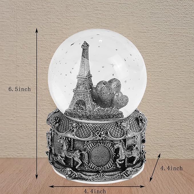 LED Music Snow Globe Vintage Eiffel Tower Buildings Embedded Carousel Retro Home Decoration for Book Shelf Cabinet Floating Board Office Desk Table Top Decor Centerpieces Ornament (Silver A)