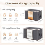 Lifewit 15 Pack 90L Clothes Storage Bins with Lids, Foldable Blanket Storage Bags with Zippers, Clear Window and Reinforced Handles, Closet and Organization for Clothing, Sweater, Comforter, Bedding