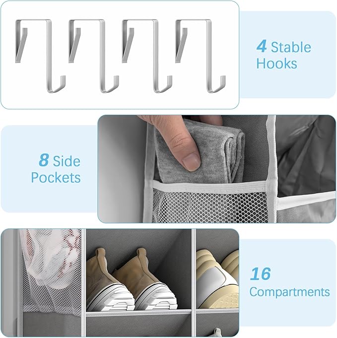Yecaye 8 Tier Over the Door Shoe Organizer of Deep 16 Compartments, 50lbs Load Shoe Rack for Door in Oxford Holds 16-24 Pairs, Stain-Resistant Hanging Shoe Organizer for Closet, Grey