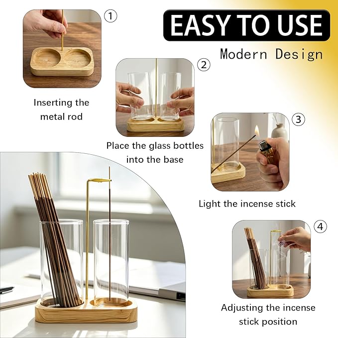 Incense Holder, 2 in 1 Wooden Incense Holder for Sticks with 20 Incense Sticks, Anti-ash Incense Burner with Glass Ash Catcher, Wood Incense Holder 20 Stick (2 in 1 Square)