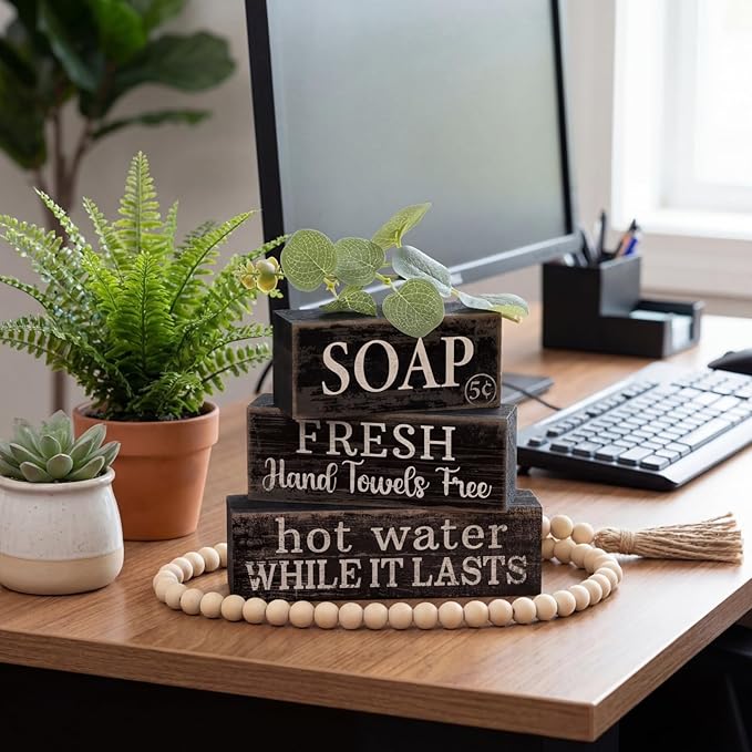 Lineshading 4 Pcs Bathroom Shelf Decor Sign Farmhouse Bathroom Decor and Accessories Rustic Eucalyptus Leaves Block Sign Soap Fresh Hand Towel Free Table Centerpiece for Home Toilet Hotel Campsite