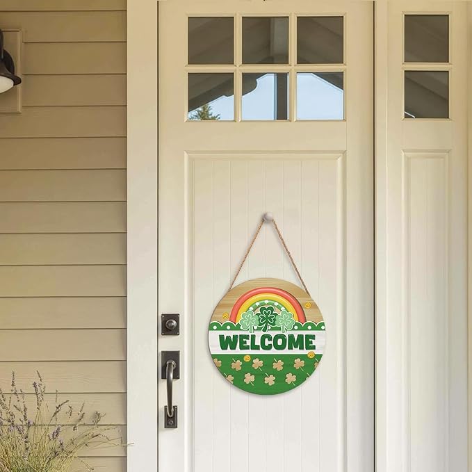 Happy St. Patrick's Day Rainbow Wooden Hanging Sign 12x12 Inch St. Patricks Day Welcome Shamrock Wreath Sign for Front Door Decor,Irish Spring Farmhouse Wood Wreath Indoor Wall Hanging Decoration